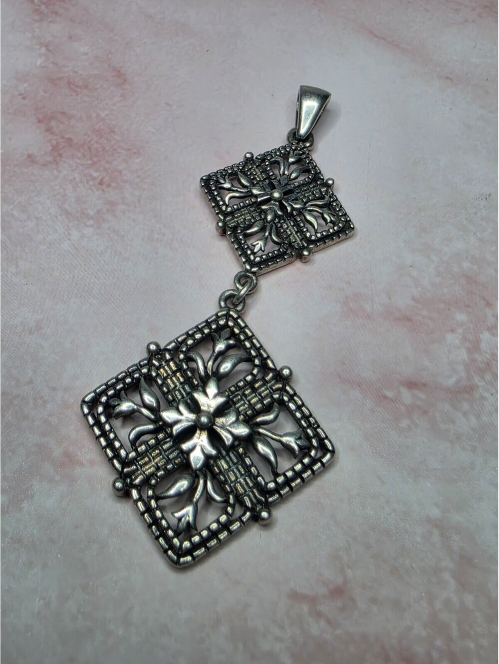 Vtg 925 Thailand Silver Double Square Openwork Dangle Floral Cross Pendant 10.1g